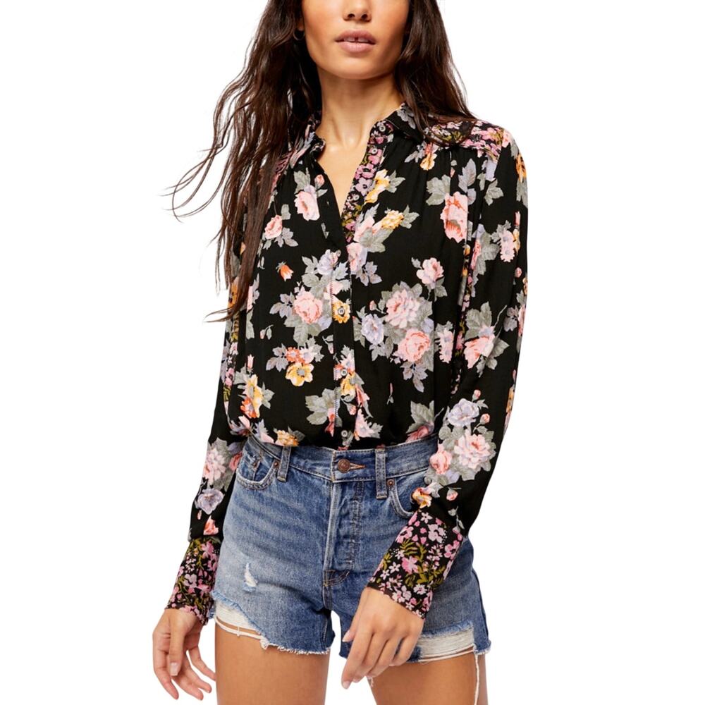 FREE PEOPLE Hold Onto Me Boho Printed Black and Mixed Pink Floral Top